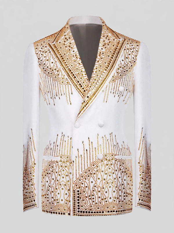 Ivory Gold Crystal Cascade Peak-Lapel Double-Breasted Tuxedo Jacket 07