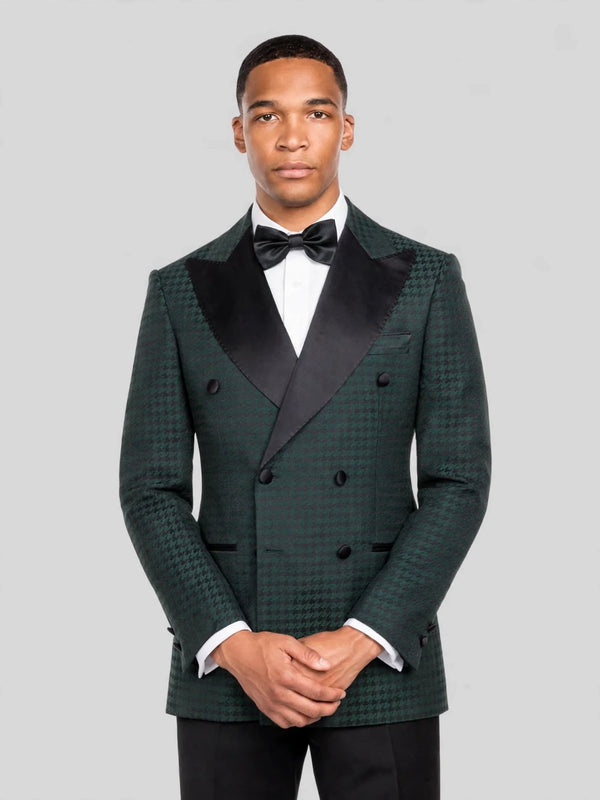 Forest Green Houndstooth Satin Peak-Lapel Six-Button Double-Breasted Tuxedo Jacket 02
