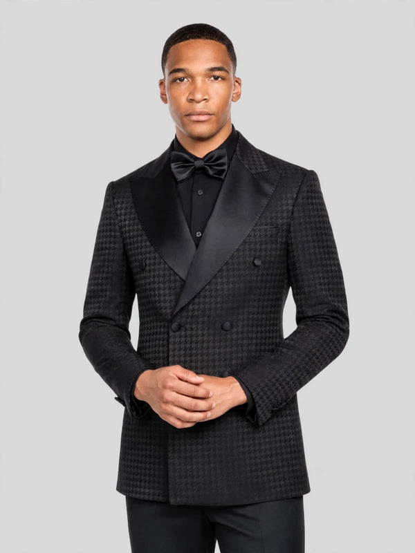 Onyx Black Houndstooth Satin Peak-Lapel Six-Button Double-Breasted Tuxedo Jacket 06