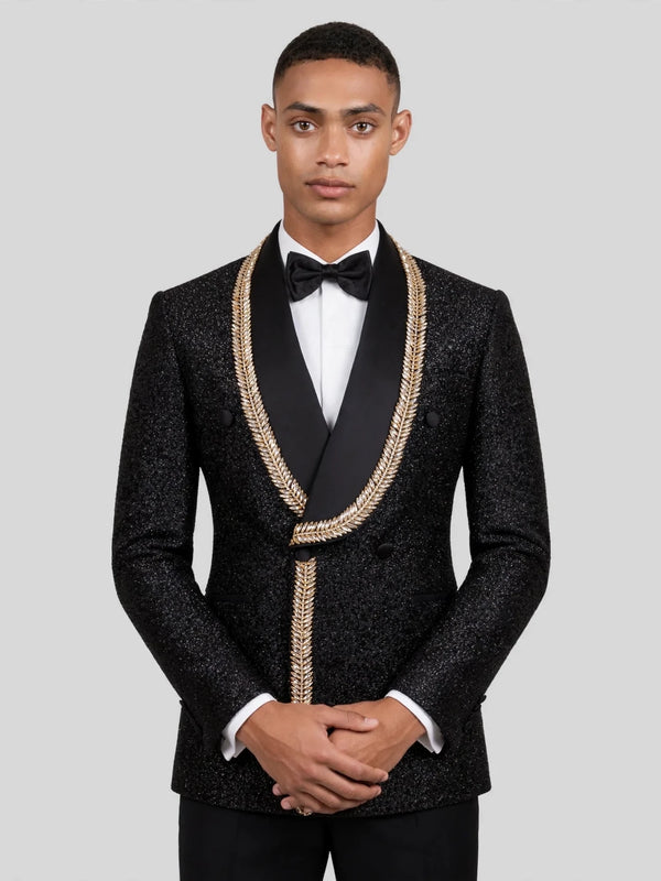Onyx Gold Laurel-Leaf Crystal Shawl-Collar Double-Breasted Tuxedo Jacket 02