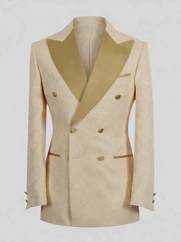 Champagne Paisley-Jacquard Gold Satin Peak-Lapel Six-Button Double-Breasted Tuxedo Jacket 07