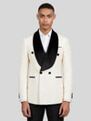 Ivory Grain-Jacquard Black Velvet Shawl-Collar Double-Breasted Tuxedo Jacket 01