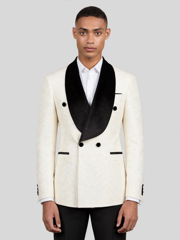 Ivory Grain-Jacquard Black Velvet Shawl-Collar Double-Breasted Tuxedo Jacket 01