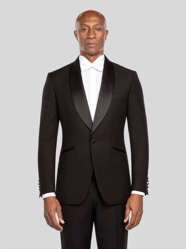 Onyx Smooth Slant-Flap Satin Shawl-Collar Tuxedo Jacket - cover