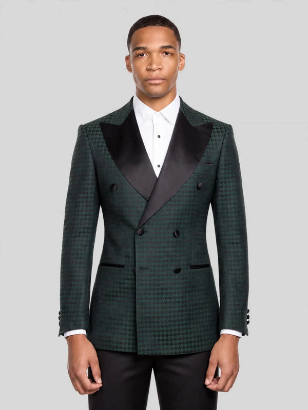 Forest Green Houndstooth Satin Peak-Lapel Six-Button Double-Breasted Tuxedo Jacket 01
