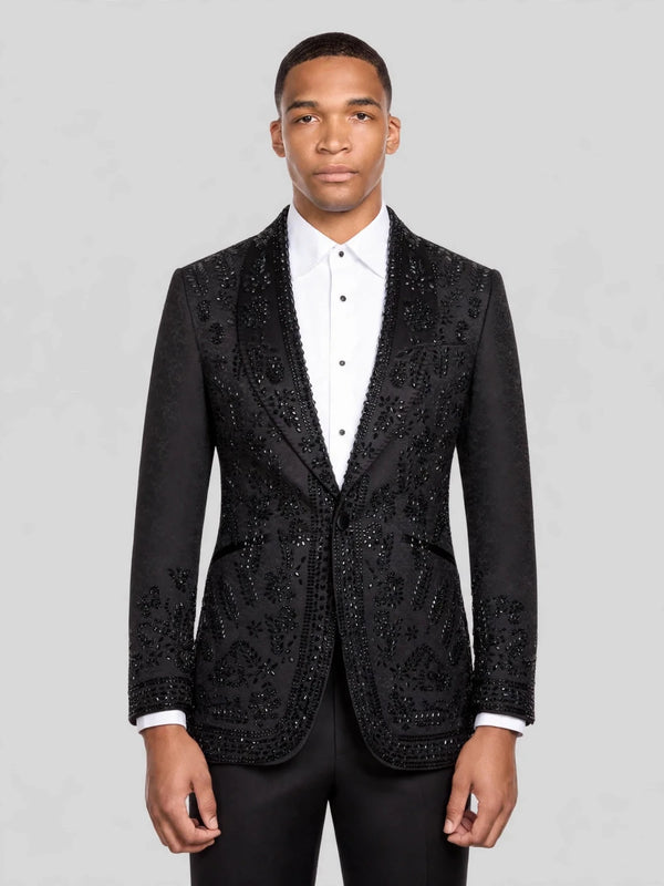 Onyx Jet Beaded Floral-Scroll Shawl-Collar Tuxedo Jacket 01
