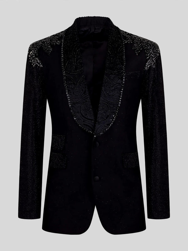 Onyx Jet Beaded-Swirl Shawl-Collar Tuxedo Jacket 07