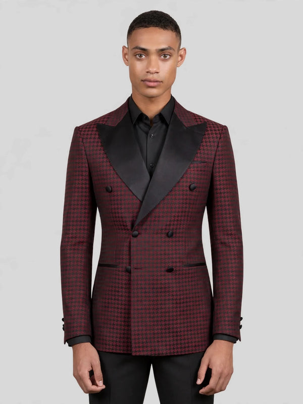 Burgundy Black Houndstooth Satin Peak-Lapel Double-Breasted Tuxedo Jacket 04