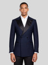 Midnight Navy Satin Peak-Lapel Six-Button Double-Breasted Tuxedo Jacket 01