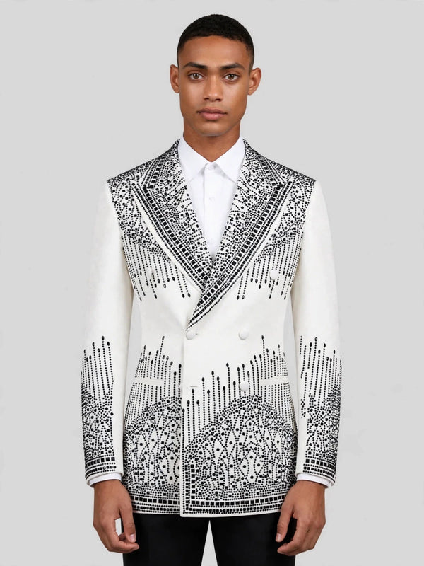 Ivory Jet Bead-Cascade Peak-Lapel Double-Breasted Tuxedo Jacket 01