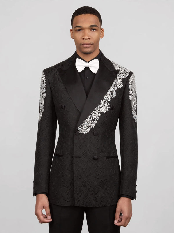 Onyx Silver Crystal Double-Breasted Tuxedo Jacket 05