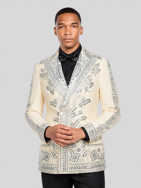 Cream Silver Mirror-Leaf Peak-Lapel Double-Breasted Tuxedo Jacket 06
