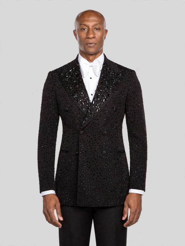 Onyx Jet Crystal-Dot Peak-Lapel Double-Breasted Tuxedo Jacket - cover