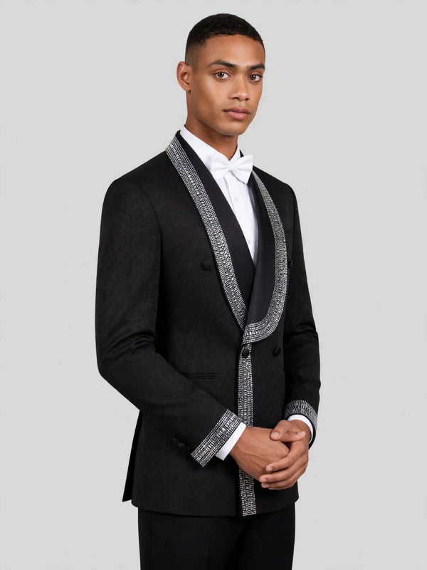 Onyx Silver Crystal-Mosaic Shawl-Collar Double-Breasted Tuxedo Jacket 03