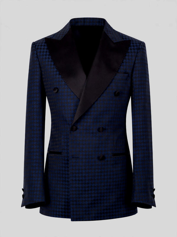 Navy Black Houndstooth Satin Peak-Lapel Double-Breasted Tuxedo Jacket 07