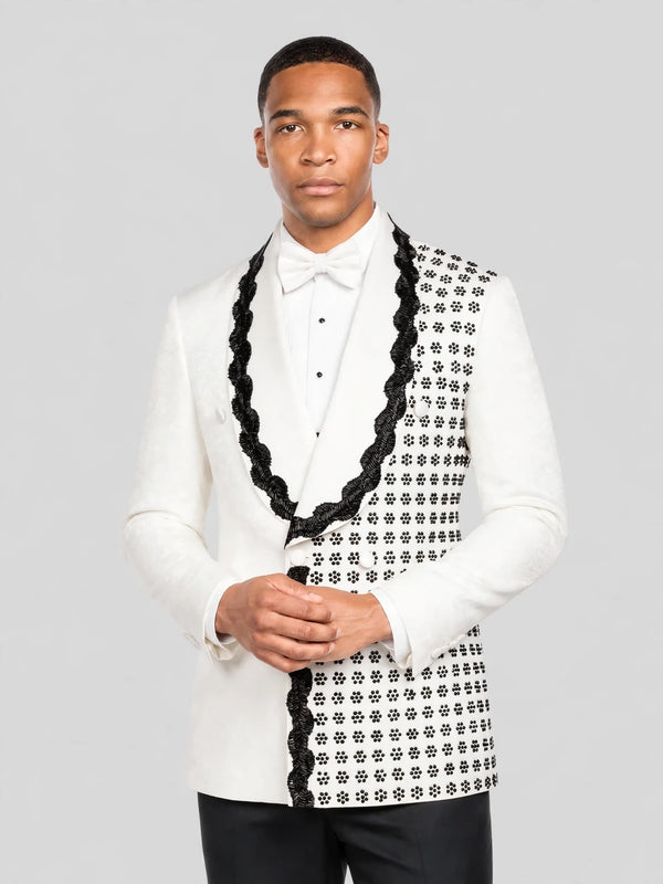 Ivory Jet Floral-Grid Scalloped Shawl-Collar Double-Breasted Tuxedo Jacket 03