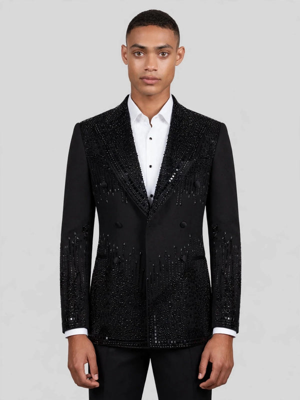 Onyx Jet Beaded Drip Peak-Lapel Double-Breasted Tuxedo Jacket 01