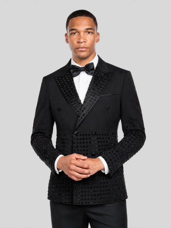 Onyx Jet Beaded-Grid Peak-Lapel Double-Breasted Tuxedo Jacket 02