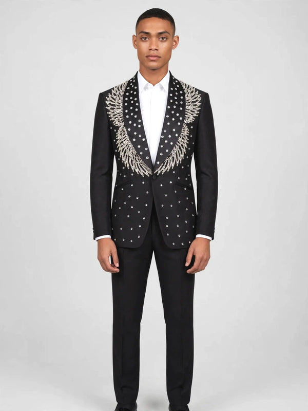 Onyx Silver Crystal Feather-Frond Shawl-Collar Tuxedo Jacket 01
