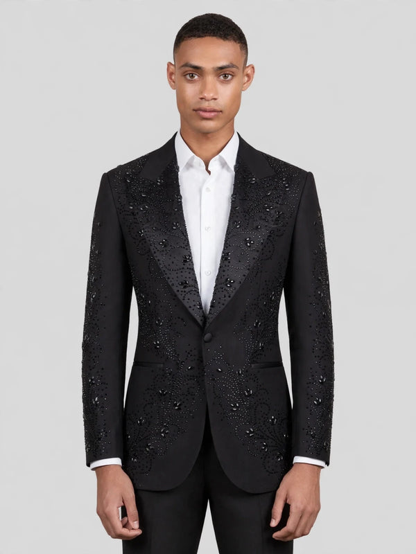 Onyx Jet Paisley-Scatter Peak-Lapel Tuxedo Jacket 01