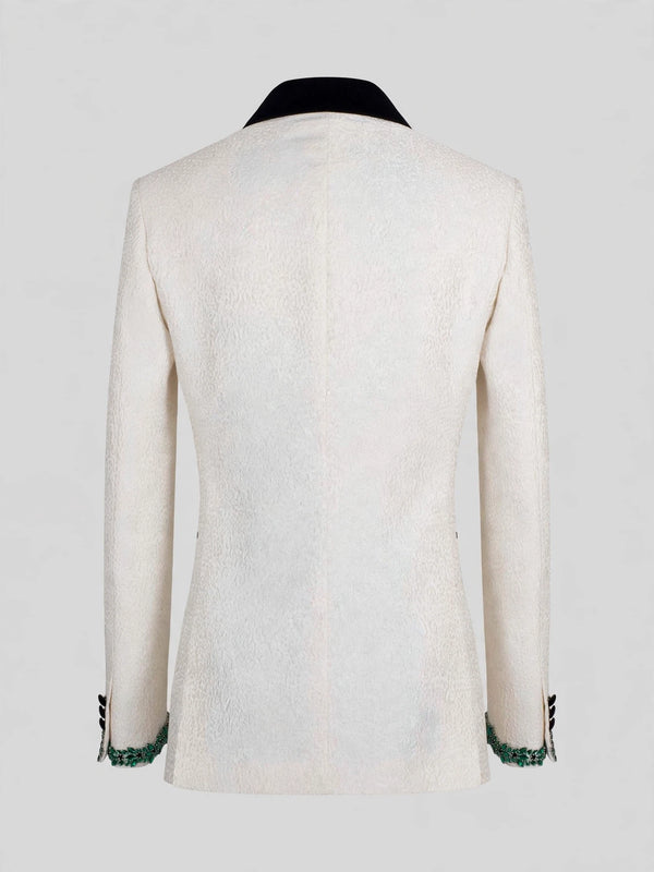 Ivory Emerald-Leaf Velvet Shawl-Collar Double-Breasted Tuxedo Jacket 09