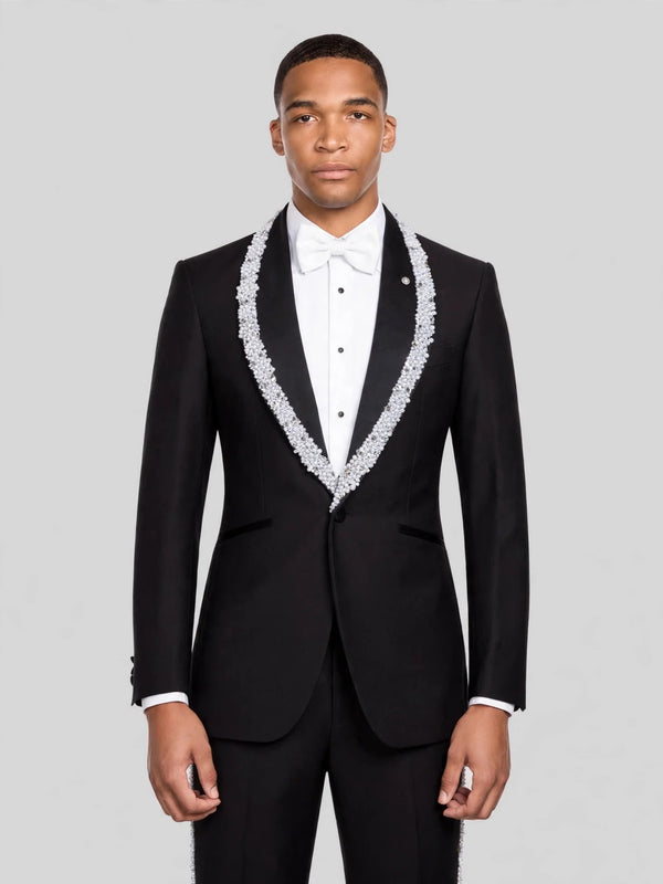 Onyx Silver Crystal-Trim Shawl-Collar Tuxedo Jacket 03