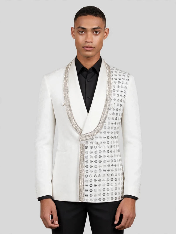 Ivory Silver Rope-Trim Crystal-Grid Shawl-Collar Double-Breasted Tuxedo Jacket 04