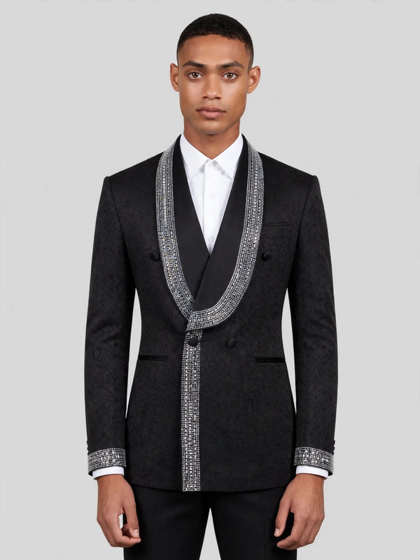 Onyx Silver Crystal-Mosaic Shawl-Collar Double-Breasted Tuxedo Jacket 01