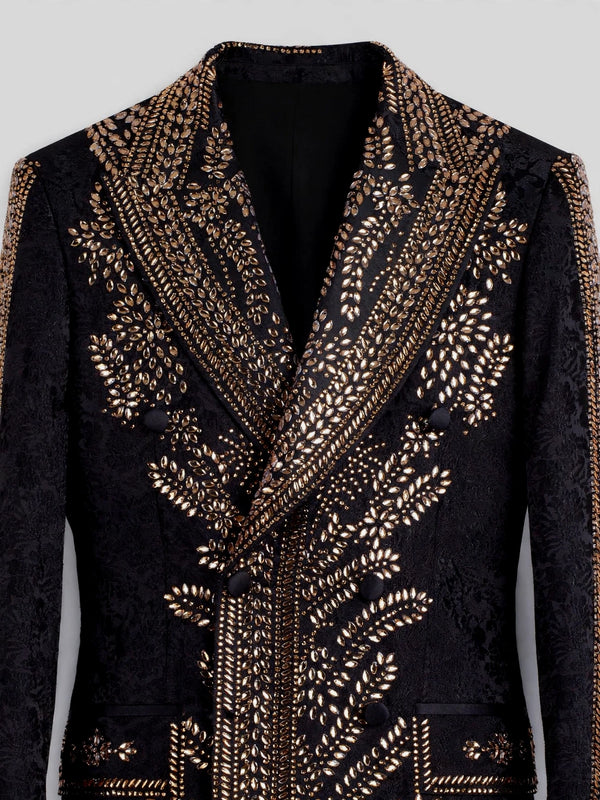 Onyx Gold Fern Crystal Peak-Lapel Double-Breasted Tuxedo Jacket 08