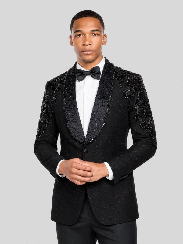 Onyx Jet Beaded-Swirl Shawl-Collar Tuxedo Jacket 02