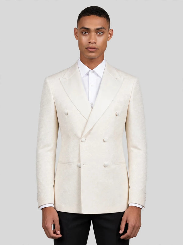 Cream Satin-Faced Peak-Lapel Six-Button Double-Breasted Tuxedo Jacket 01