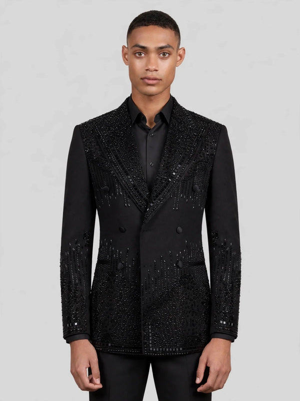 Onyx Jet Beaded Drip Peak-Lapel Double-Breasted Tuxedo Jacket 04