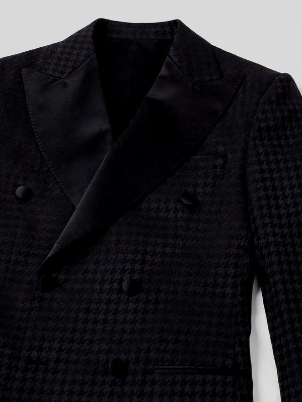 Onyx Black Houndstooth Satin Peak-Lapel Six-Button Double-Breasted Tuxedo Jacket 08