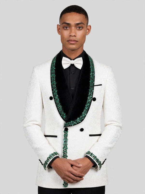 Ivory Emerald Crystal-Trim Black Shawl-Collar Double-Breasted Tuxedo Jacket 05