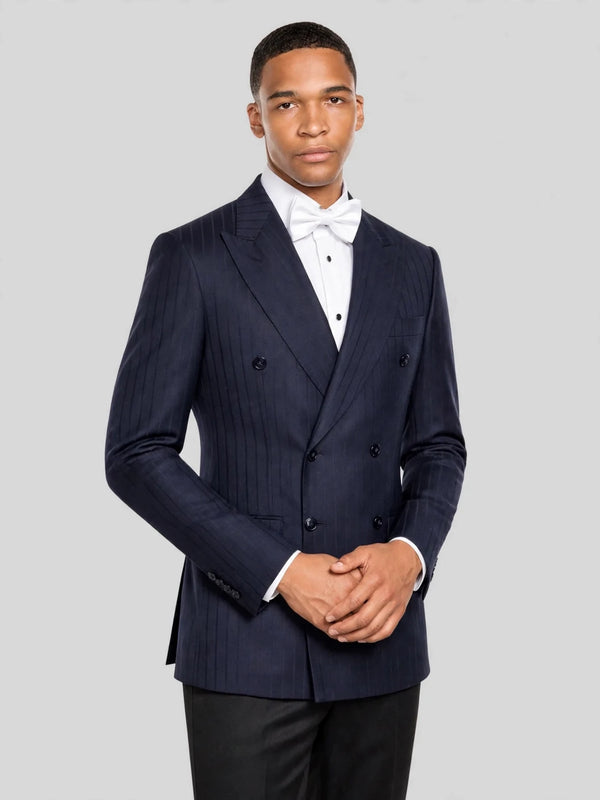 Deep Midnight Navy Pinstripe Six-Button Peak-Lapel Double-Breasted Suit Jacket 03