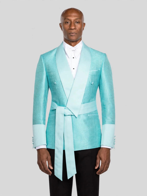 Aqua Mint Micro-Weave Satin Sash-Belt Shawl-Collar Tuxedo Jacket - cover