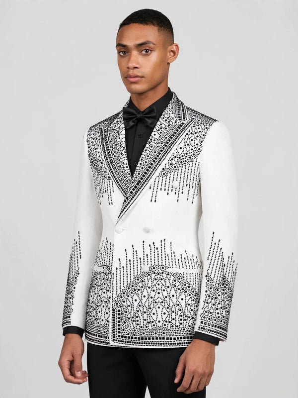 Ivory Jet Crystal Cascade Peak-Lapel Double-Breasted Tuxedo Jacket 06