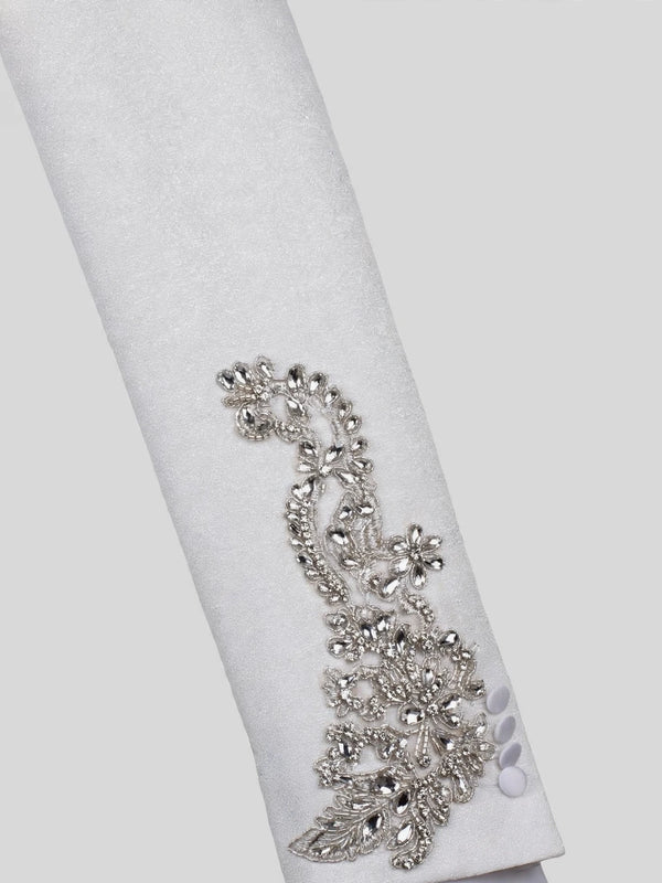 Ivory Silver Crystal Floral Diagonal Shawl-Collar Tuxedo Jacket 10