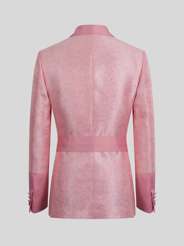 Blush Pink Silver-Speckle Satin Sash-Belt Shawl-Collar Tuxedo Jacket 09