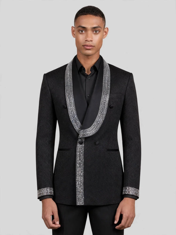 Onyx Silver Crystal-Mosaic Shawl-Collar Double-Breasted Tuxedo Jacket 04
