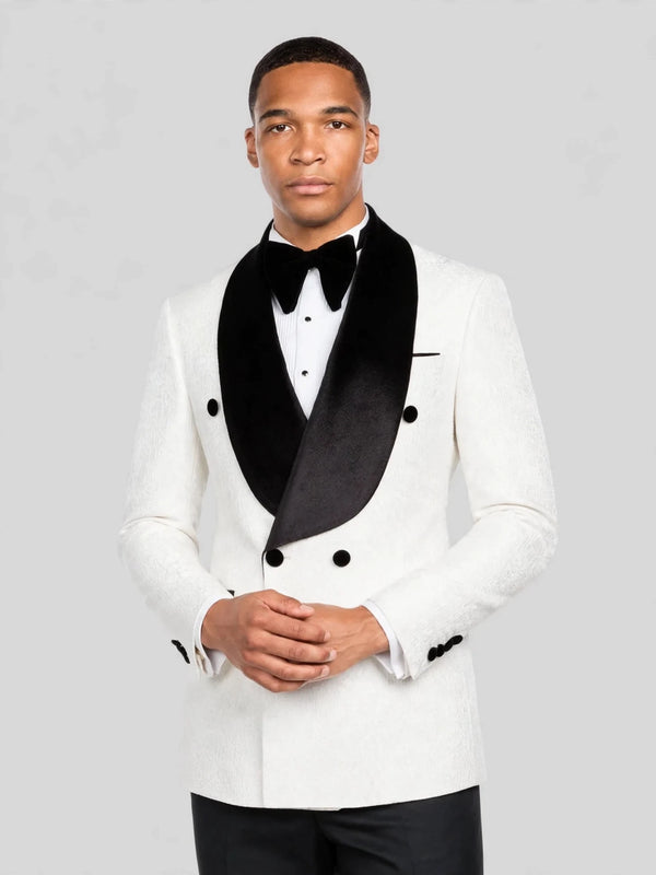 Ivory Black Velvet Shawl-Collar Double-Breasted Tuxedo Jacket 02