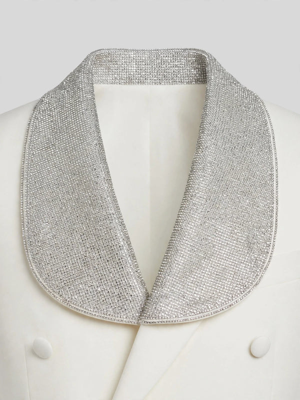 Ivory Silver Crystal-Mesh Shawl-Collar Double-Breasted Tuxedo Jacket 08