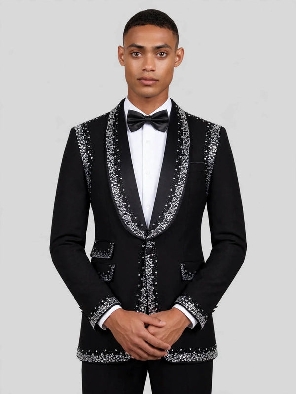 Onyx Silver Crystal Perimeter Shawl-Collar Tuxedo Jacket 02