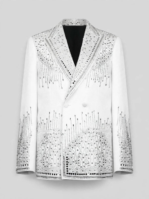 Ivory Silver Crystal Cascade Peak-Lapel Double-Breasted Tuxedo Jacket 07