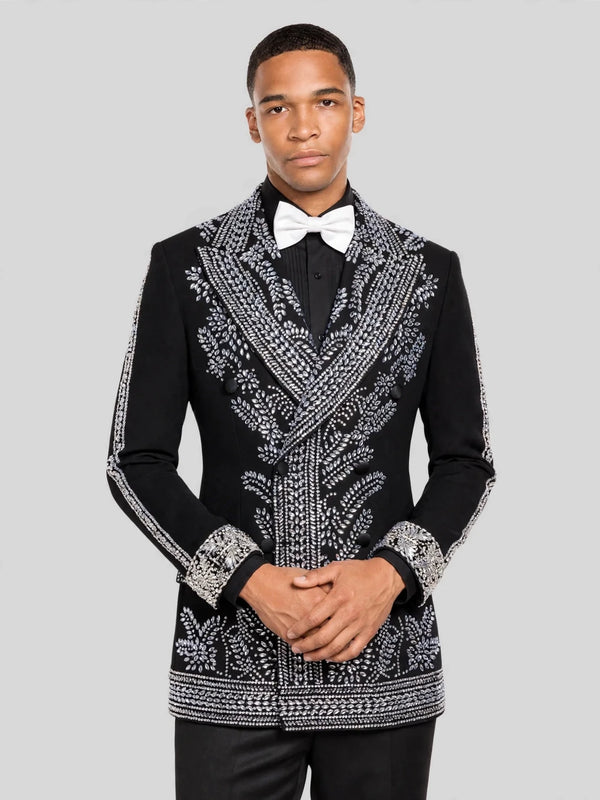Onyx Silver Fern Crystal Peak-Lapel Double-Breasted Tuxedo Jacket 05