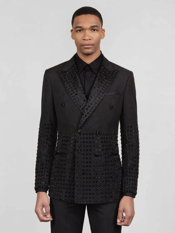 Onyx Jet Beaded-Grid Peak-Lapel Double-Breasted Tuxedo Jacket 04