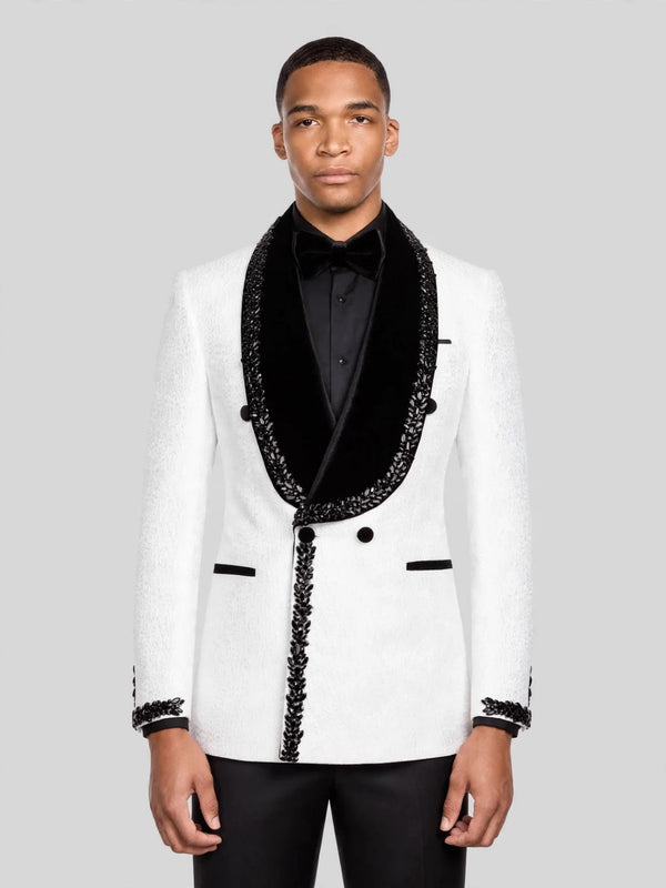 Ivory Jet-Leaf Velvet Shawl-Collar Double-Breasted Tuxedo Jacket 06