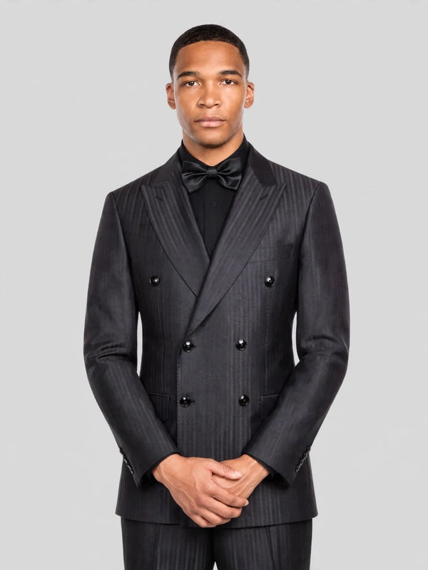 Charcoal Shadow-Stripe Six-Button Peak-Lapel Double-Breasted Suit Jacket 06