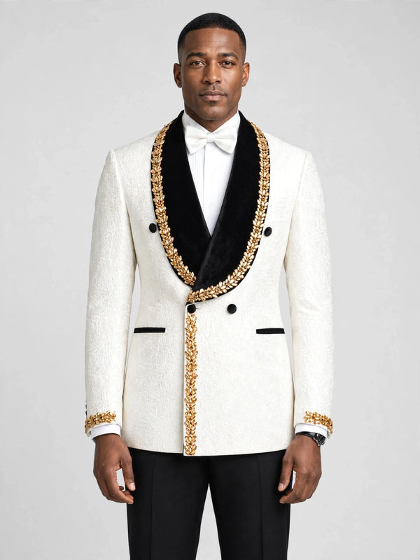 Ivory Gold-Leaf Velvet Shawl-Collar Double-Breasted Tuxedo Jacket - cover