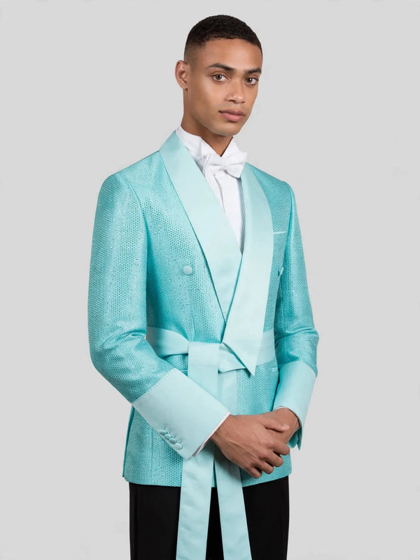Aqua Mint Micro-Weave Satin Sash-Belt Shawl-Collar Tuxedo Jacket 03